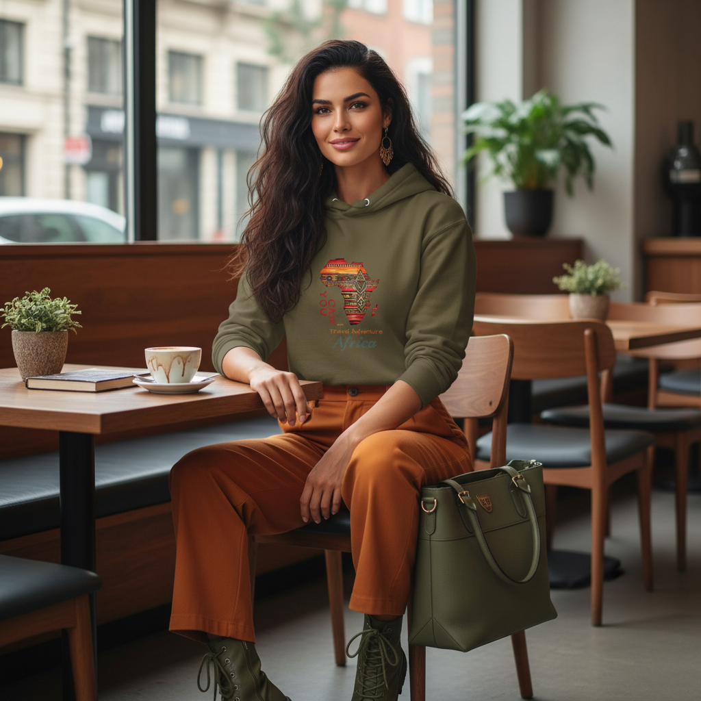 Military green Africa hoodie orange wide-leg trousers green boots bag cafe bohemian