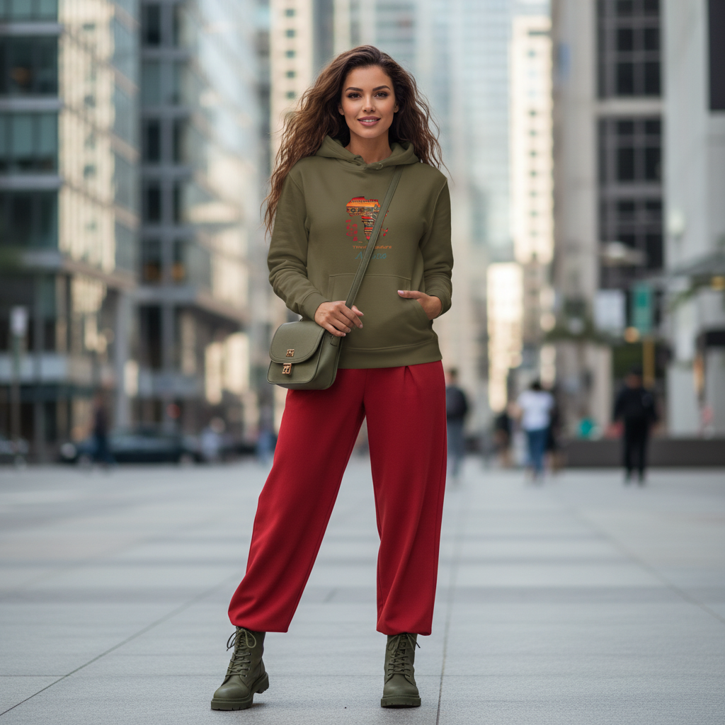 Military green Africa hoodie red pants green boots bag color coordinated luxury