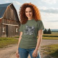 Military green wolf pack t-shirt red haired woman barn farm
