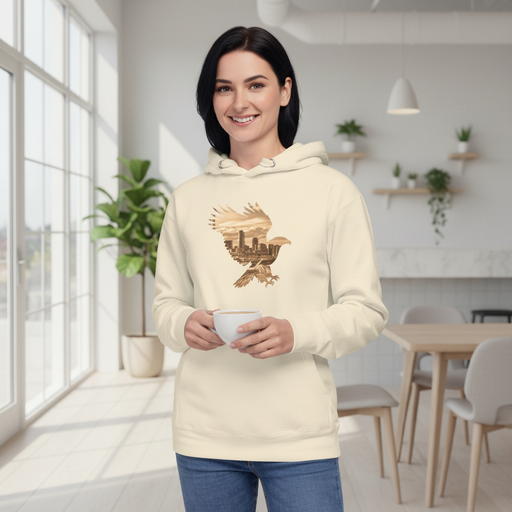 Fashion model in bone cream hoodie with eagle cityscape design in modern minimalist café - premium casual lifestyle wear

