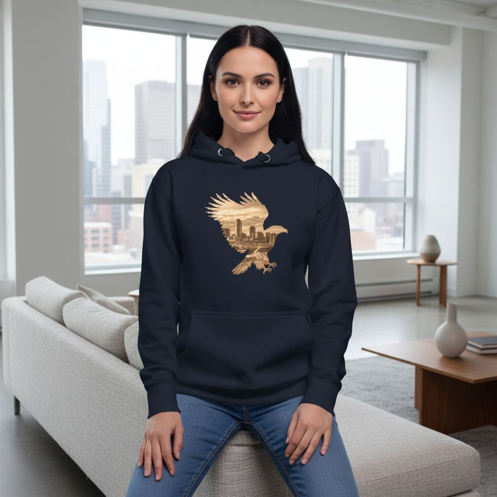 Elegant woman in navy blue hoodie with eagle city silhouette in minimalist interior - contemporary lifestyle apparel
