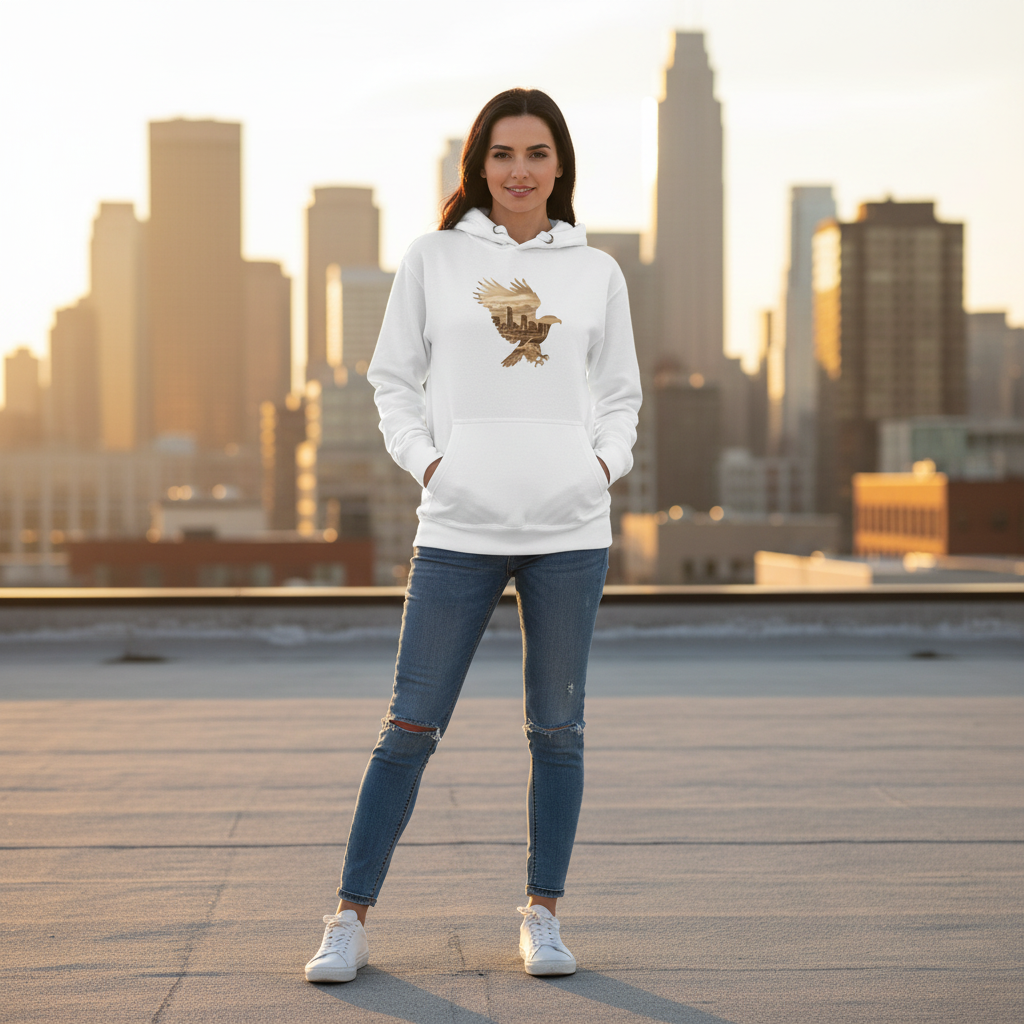 Fashion model wearing white hoodie with eagle cityscape design on urban rooftop - modern premium casual streetwear
