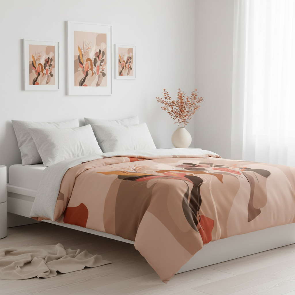 Modern white bedroom featuring bohemian abstract duvet cover with matching wall art and minimalist vase