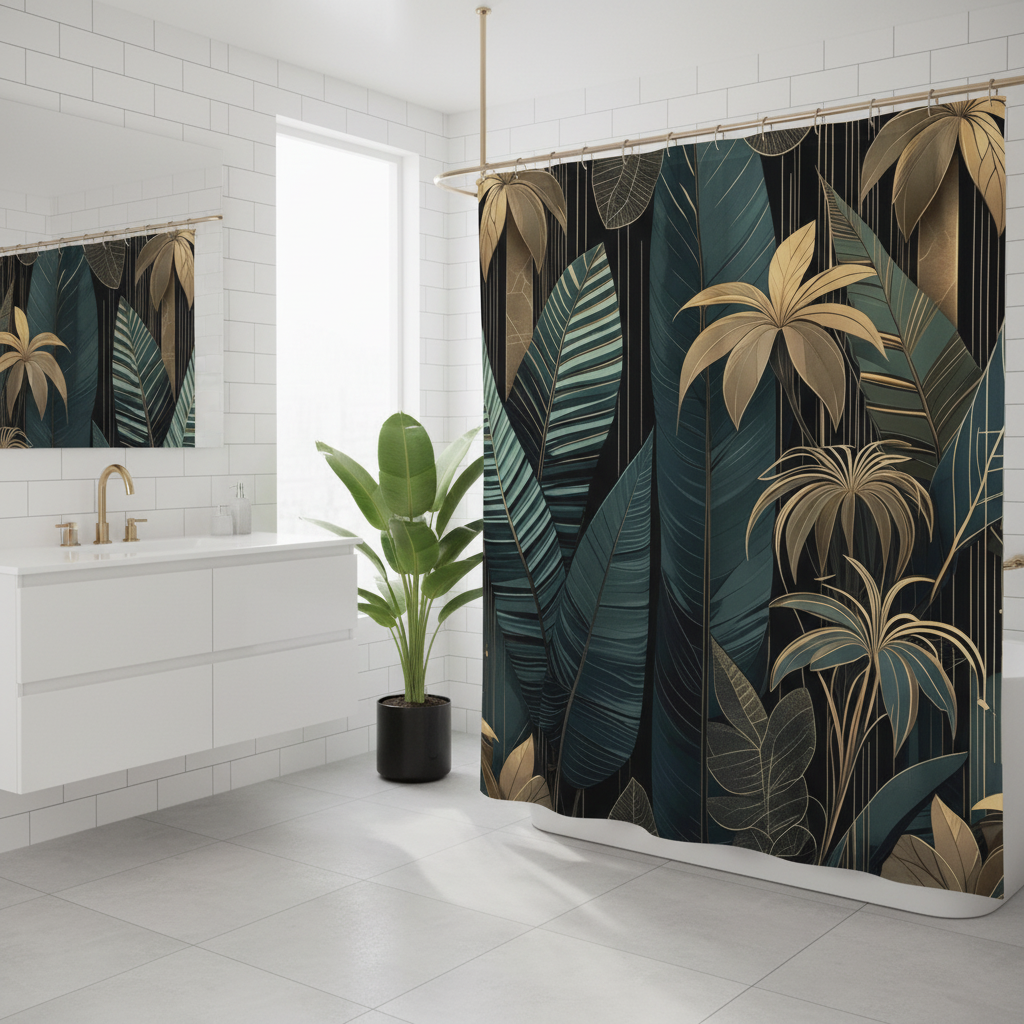 Modern bathroom with emerald green and gold tropical leaf shower curtain and white subway tiles