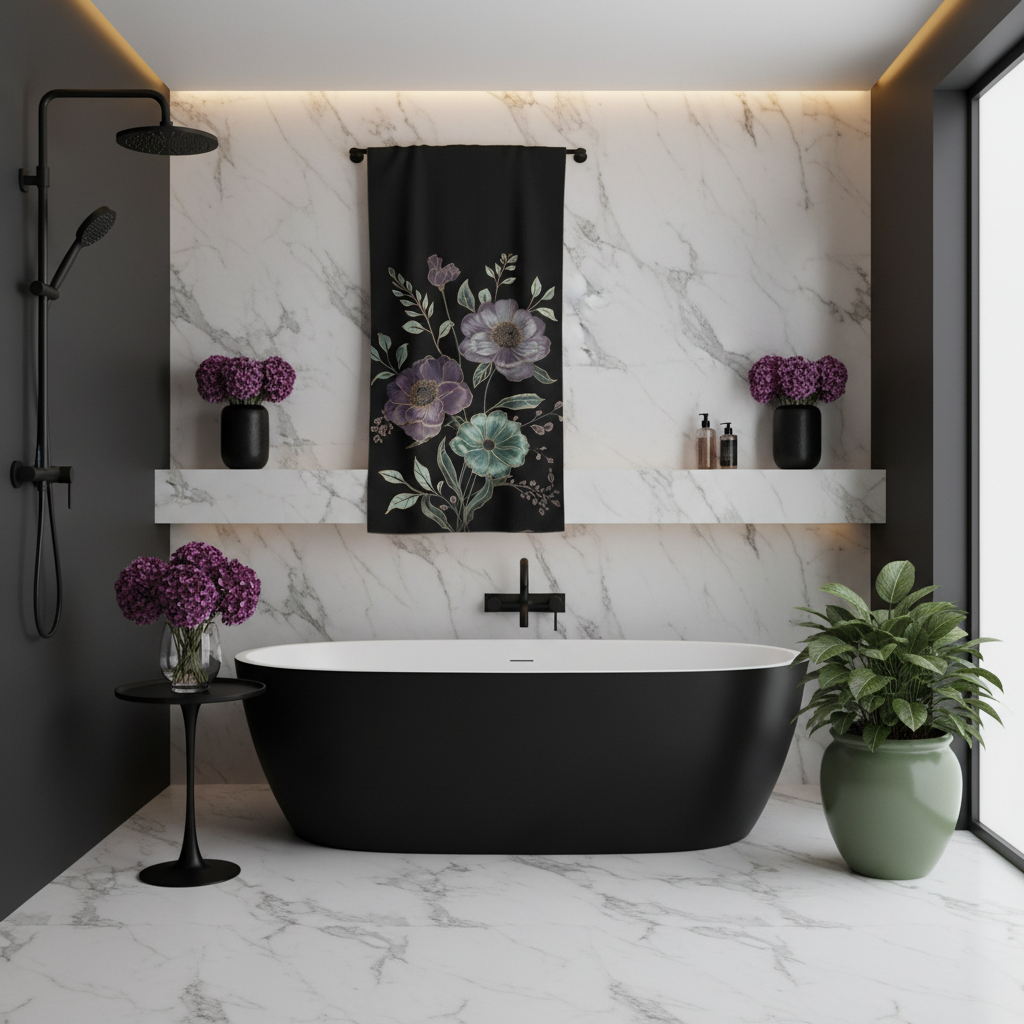 Modern black bathroom with floral towel hanging prominently, freestanding black bathtub, purple flowers and sage green plants