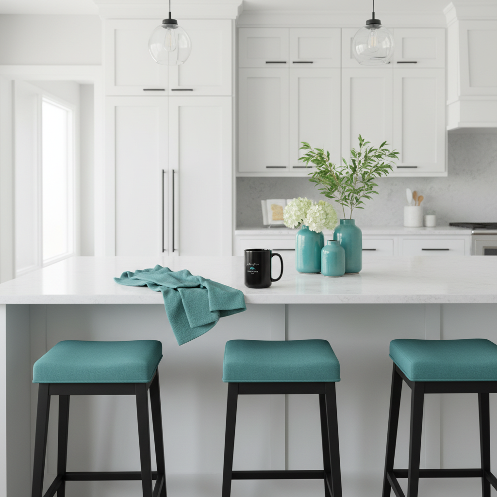 Modern kitchen island with teal accessories and Adventure Freedom Travel mug