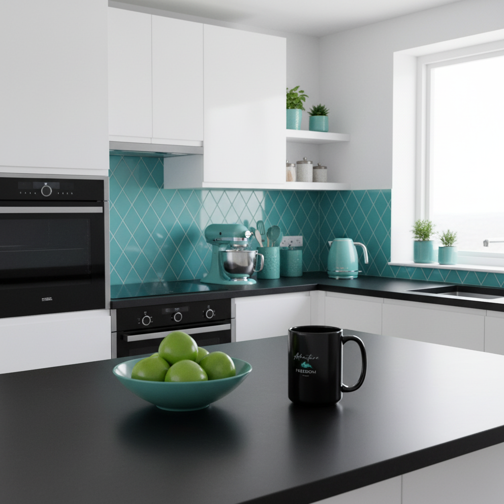 Modern kitchen with black countertops and teal backsplash with Adventure Freedom Travel mug