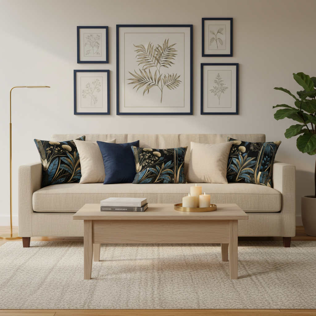 Modern living room sofa with Art Deco botanical throw pillows