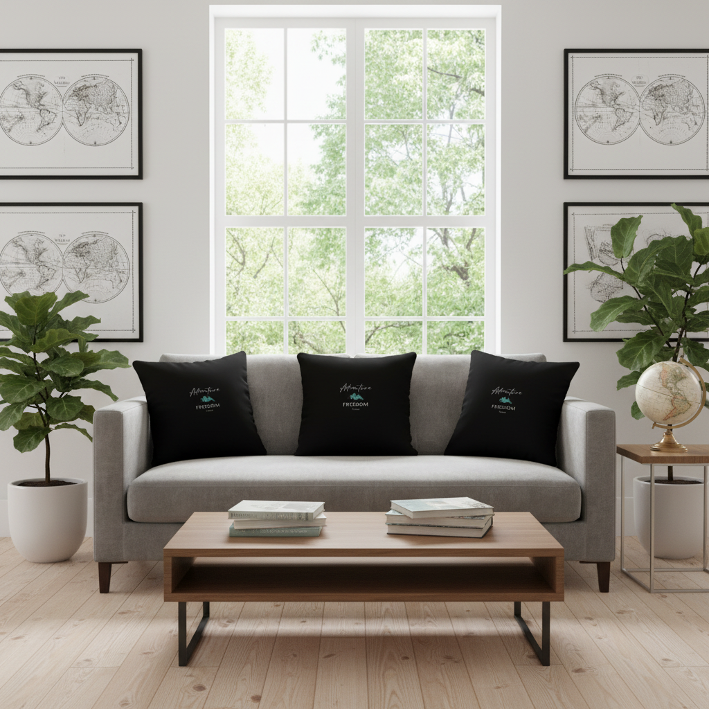 Modern living room with grey sofa and square Adventure Freedom Travel pillows