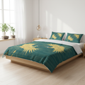Modern zen bedroom with minimalist Japanese design featuring teal and gold crane duvet cover