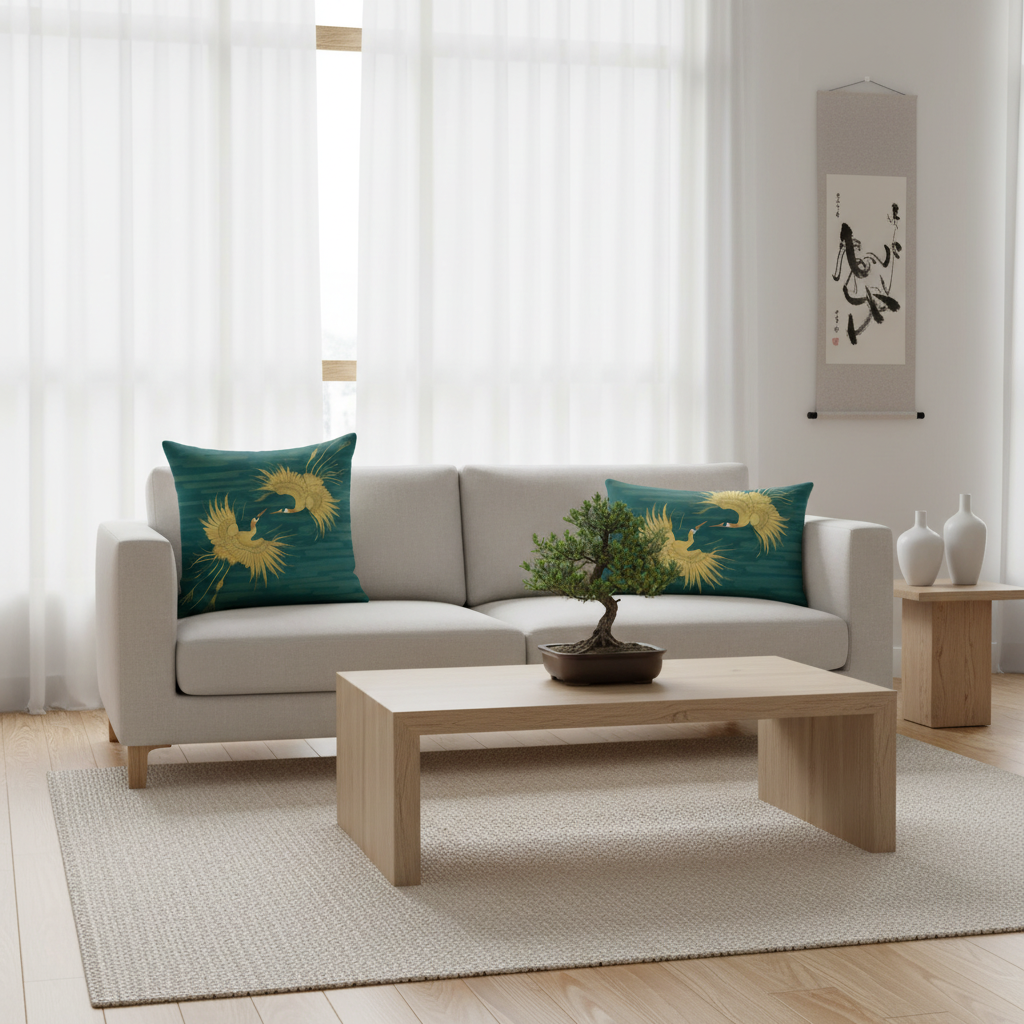 Modern zen living room with teal and gold crane pattern throw pillows on minimalist sofa