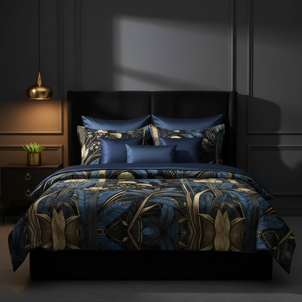 Moody dark bedroom with Art Deco comforter and dramatic lighting