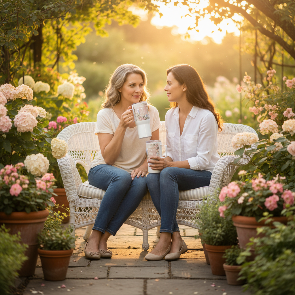 Mother and daughter bonding moment in garden with travel mug