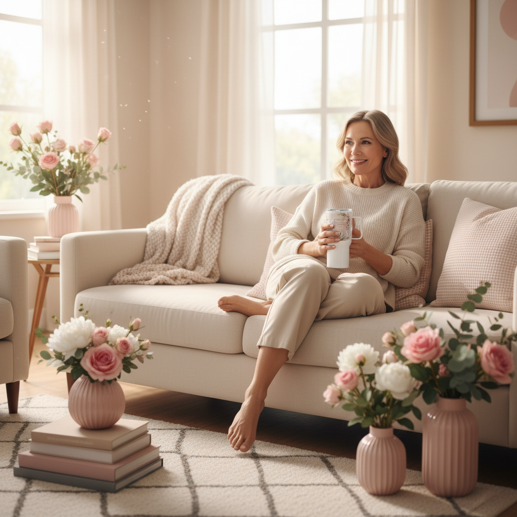 Mother relaxing in elegant living room with floral travel mug
