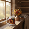 Mug on sunny cabin windowsill with flowers