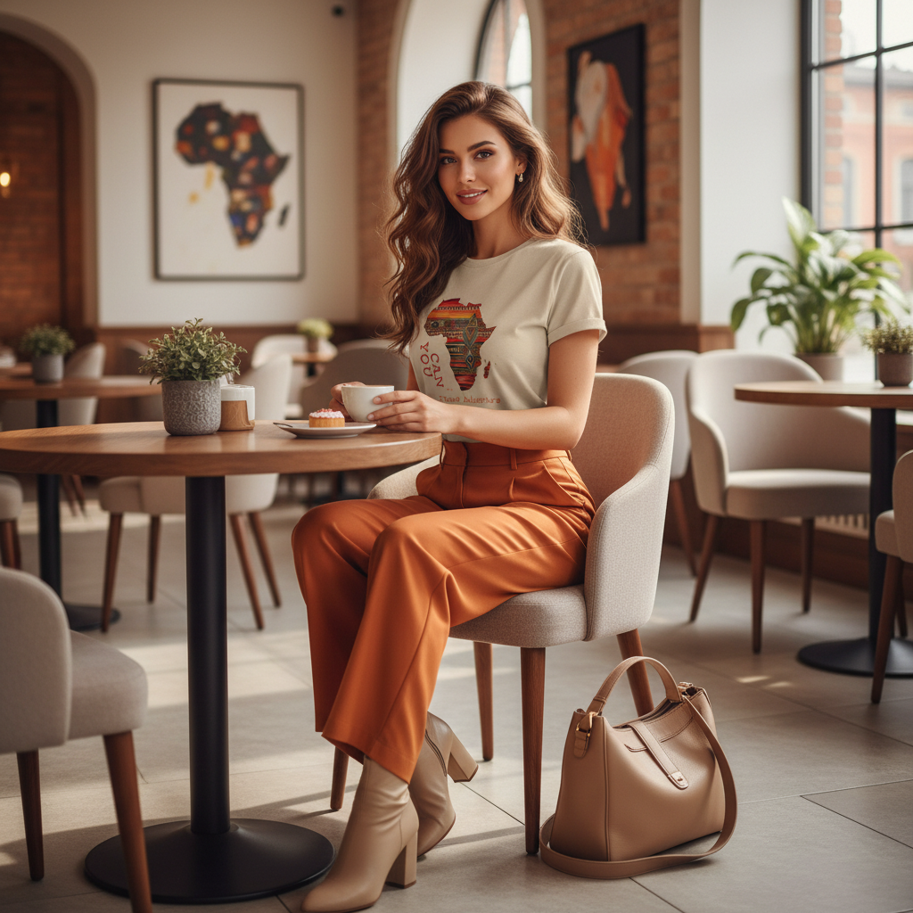 Natural beige Africa t-shirt orange trousers beige boots cafe