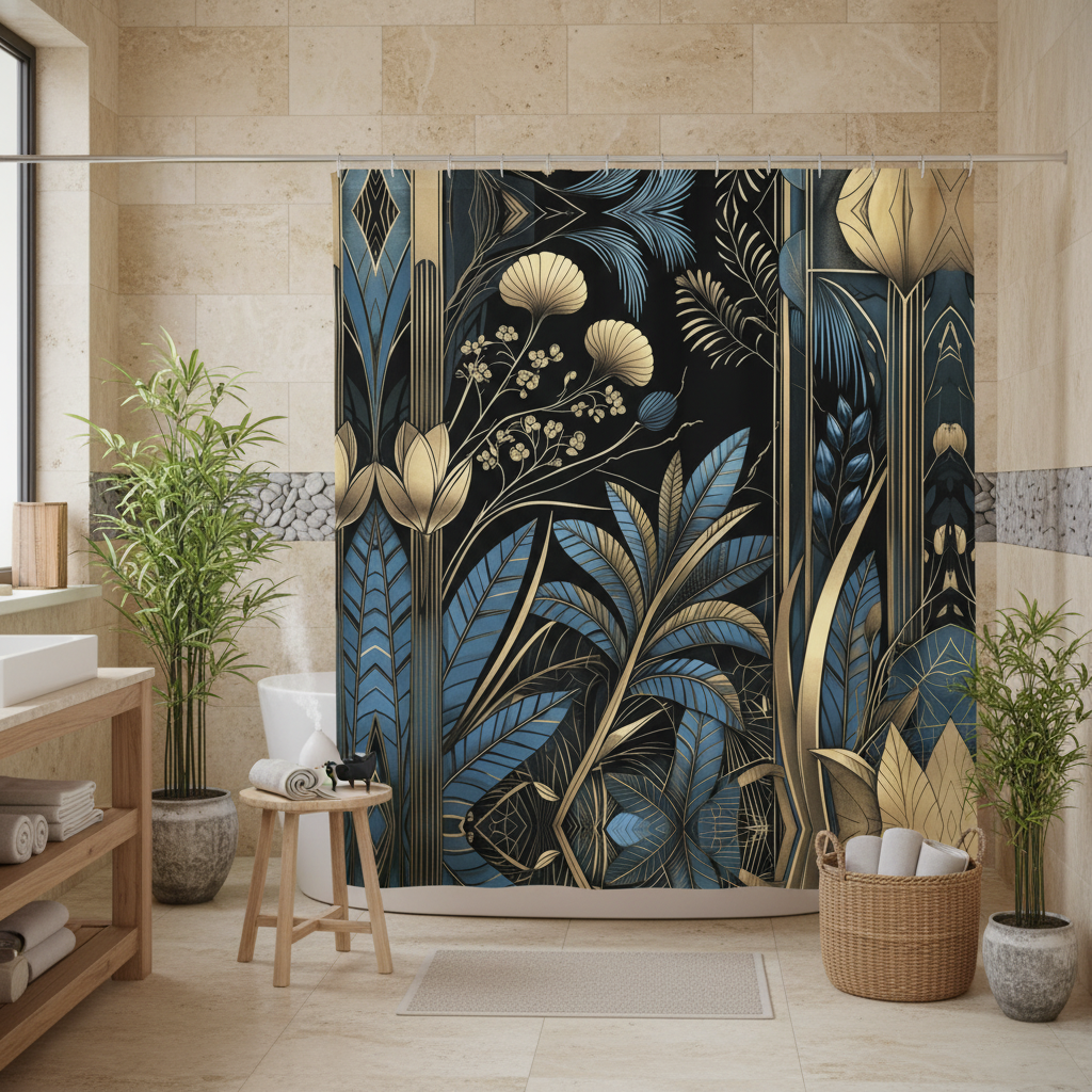 Natural organic bathroom with Art Deco shower curtain and zen elements