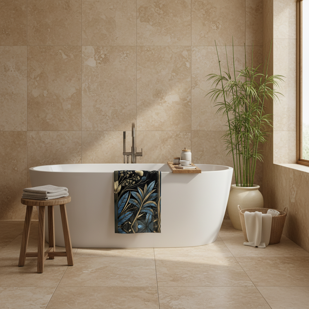 Natural organic bathroom with Art Deco towel on wooden stool