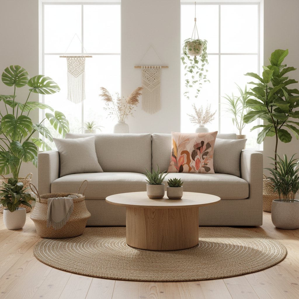 Nature Inspired pillow living room plants