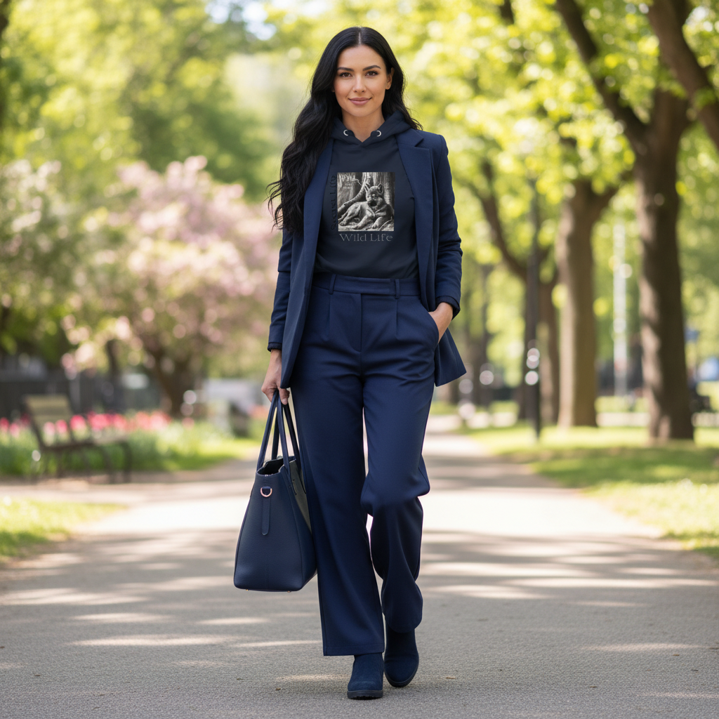 Navy blazer wolf hoodie navy wide-leg pants navy boots bag park modern