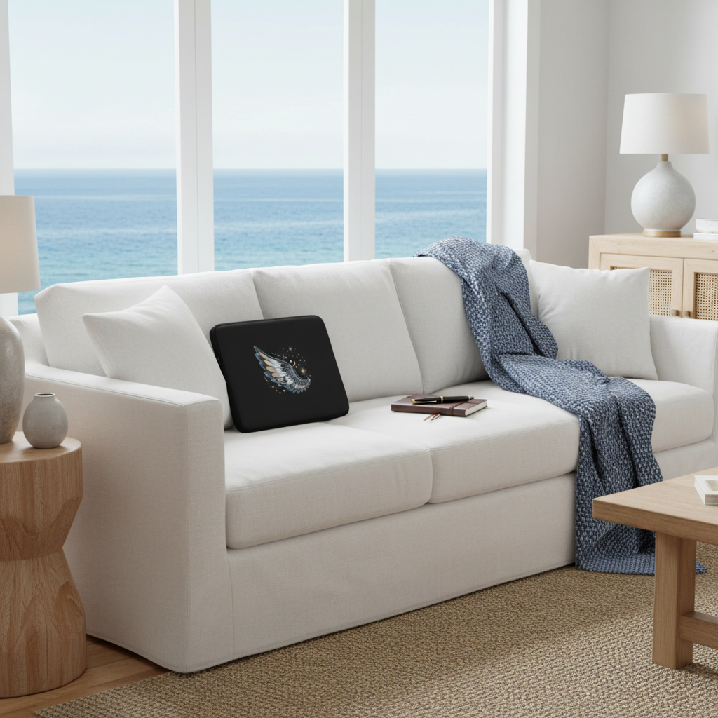 Night Wing laptop sleeve on coastal sofa workspace