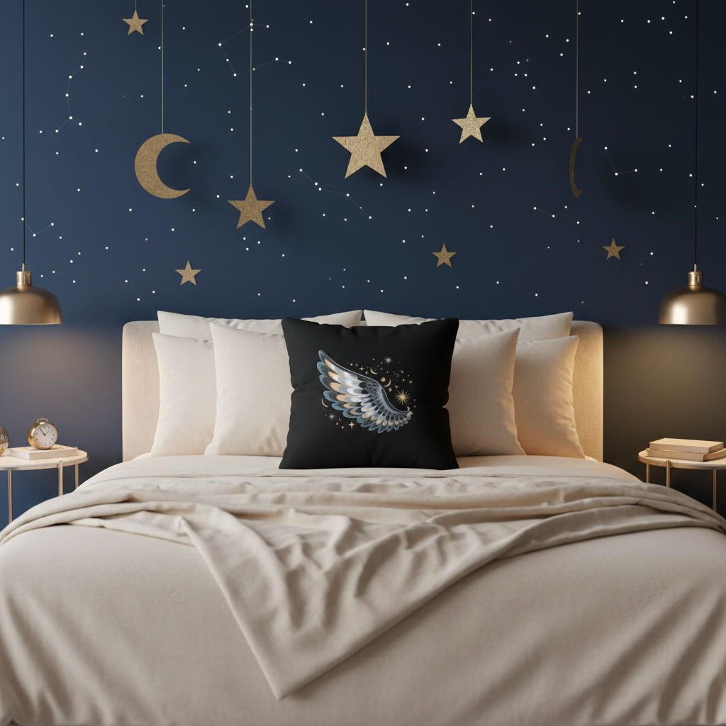 Serene coastal bedroom with celestial wing pillows and coordinating decor
