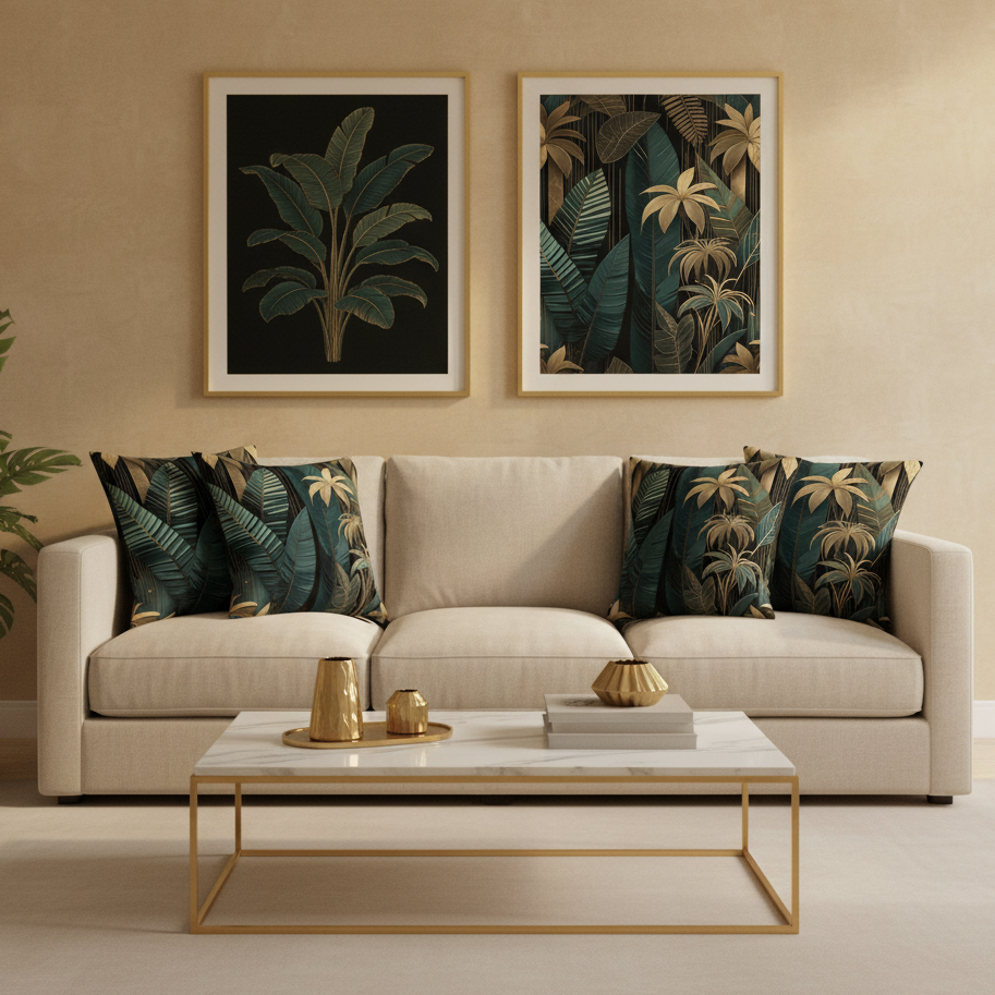 Dark green pillows with luxury golden and dark green floral design. Living room area luxury wall art and luxury pillows 