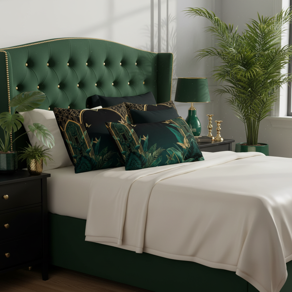 Opulent bedroom with layered Emerald Plants pillows