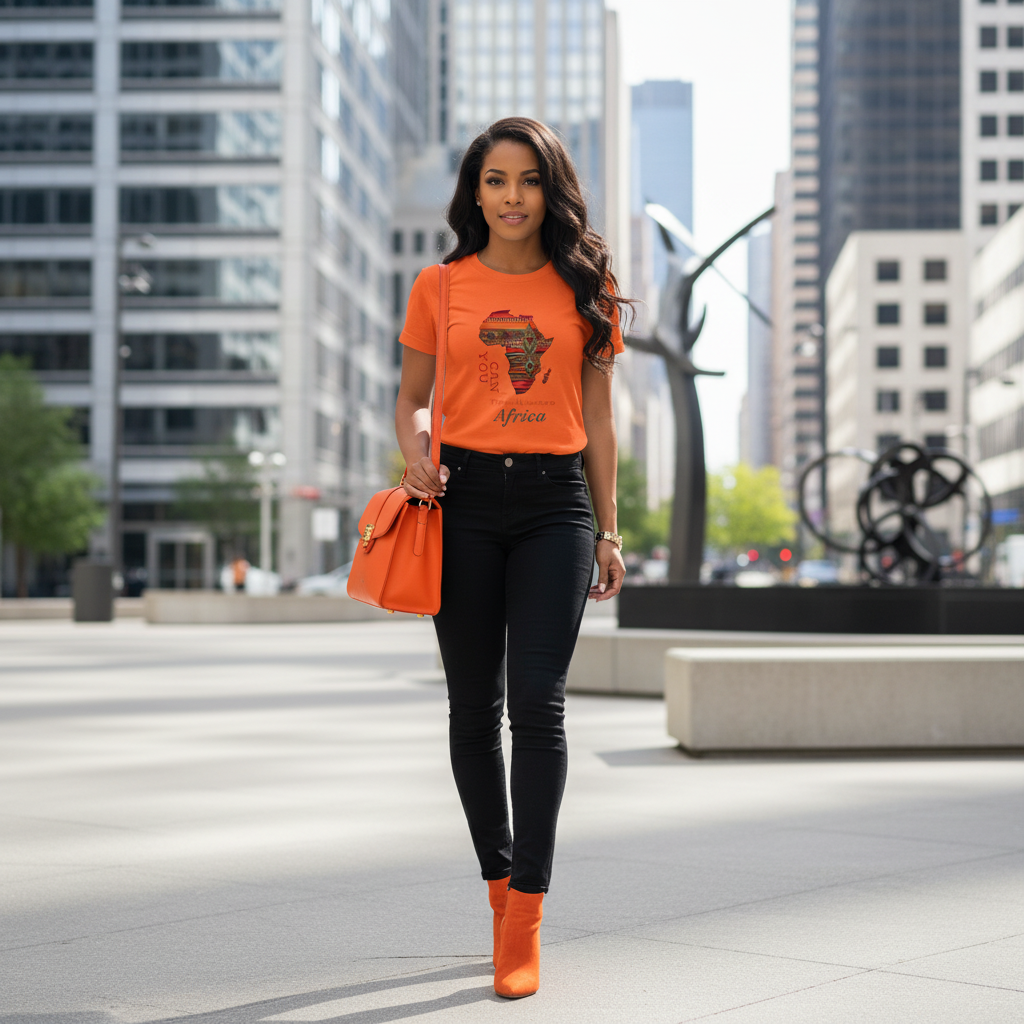 Orange Africa t-shirt black pants orange boots vibrant