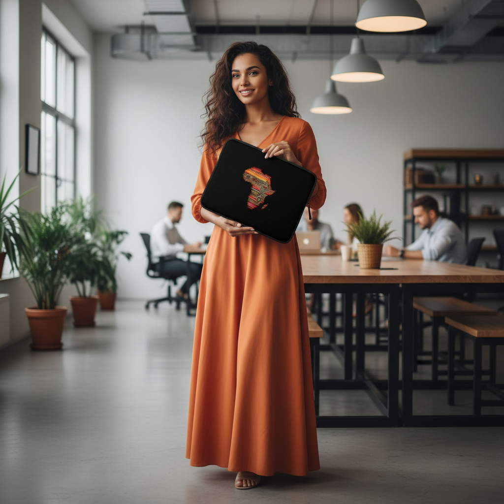 Orange dress Africa laptop sleeve coworking chic