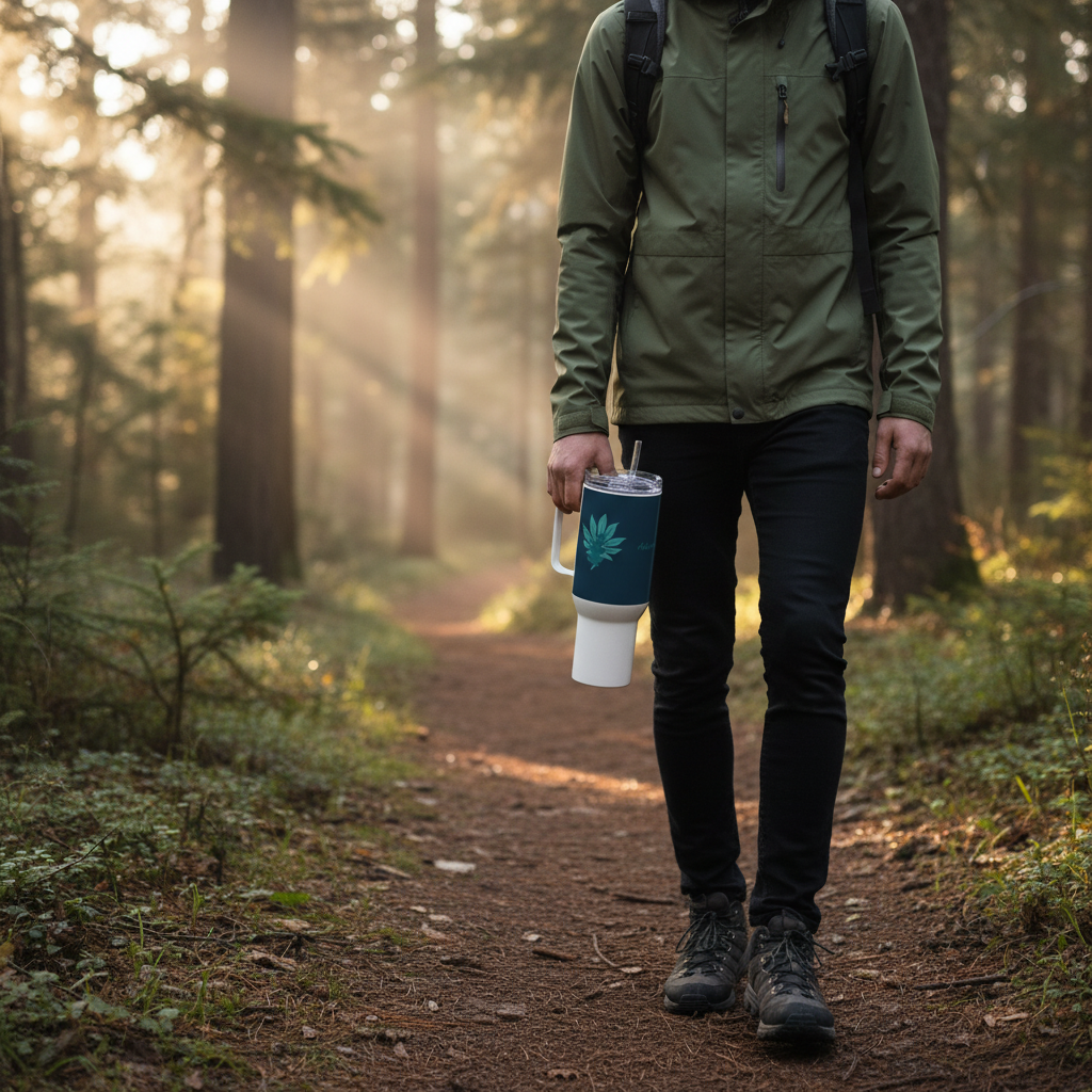 Osoba s dark blue travel mug při turistice