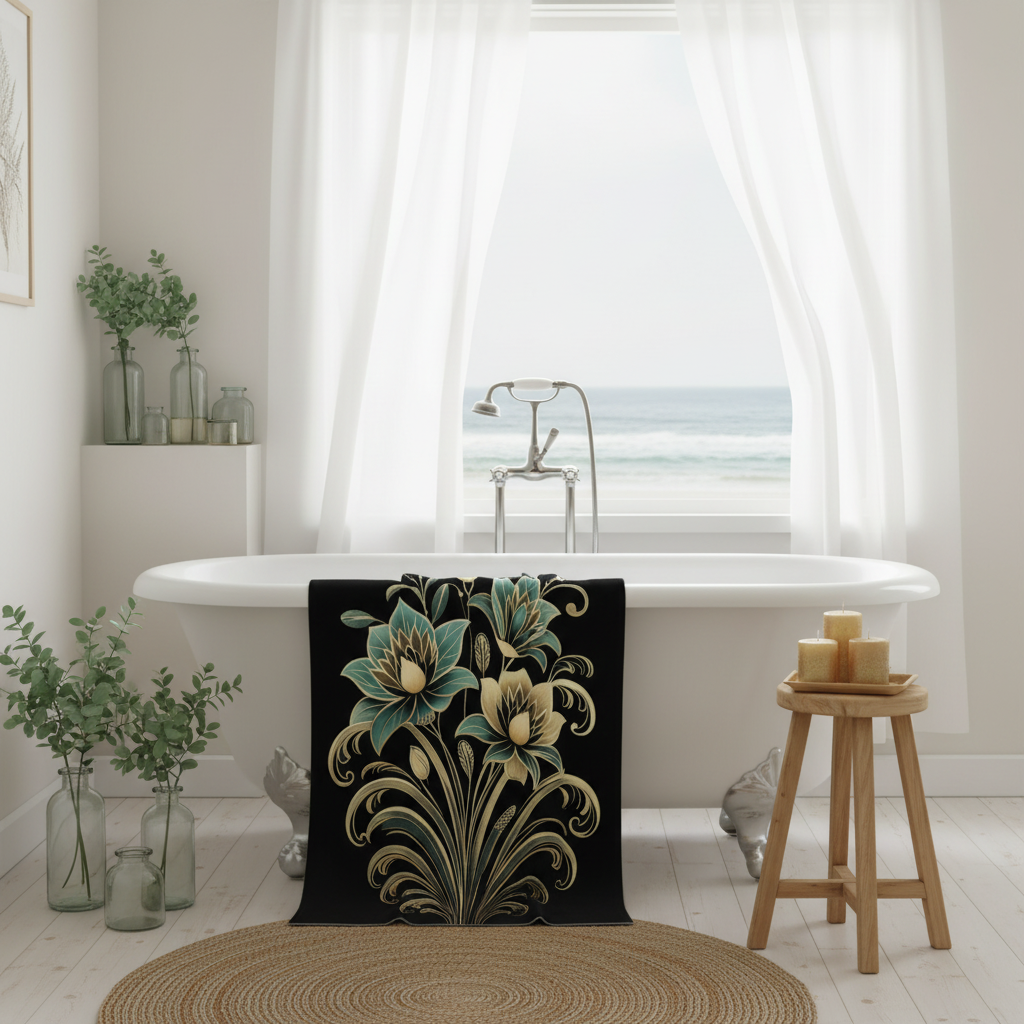 Oversized sage and gold botanical towel draped over white bathtub showing full design, sage eucalyptus, gold candles, beach house spa