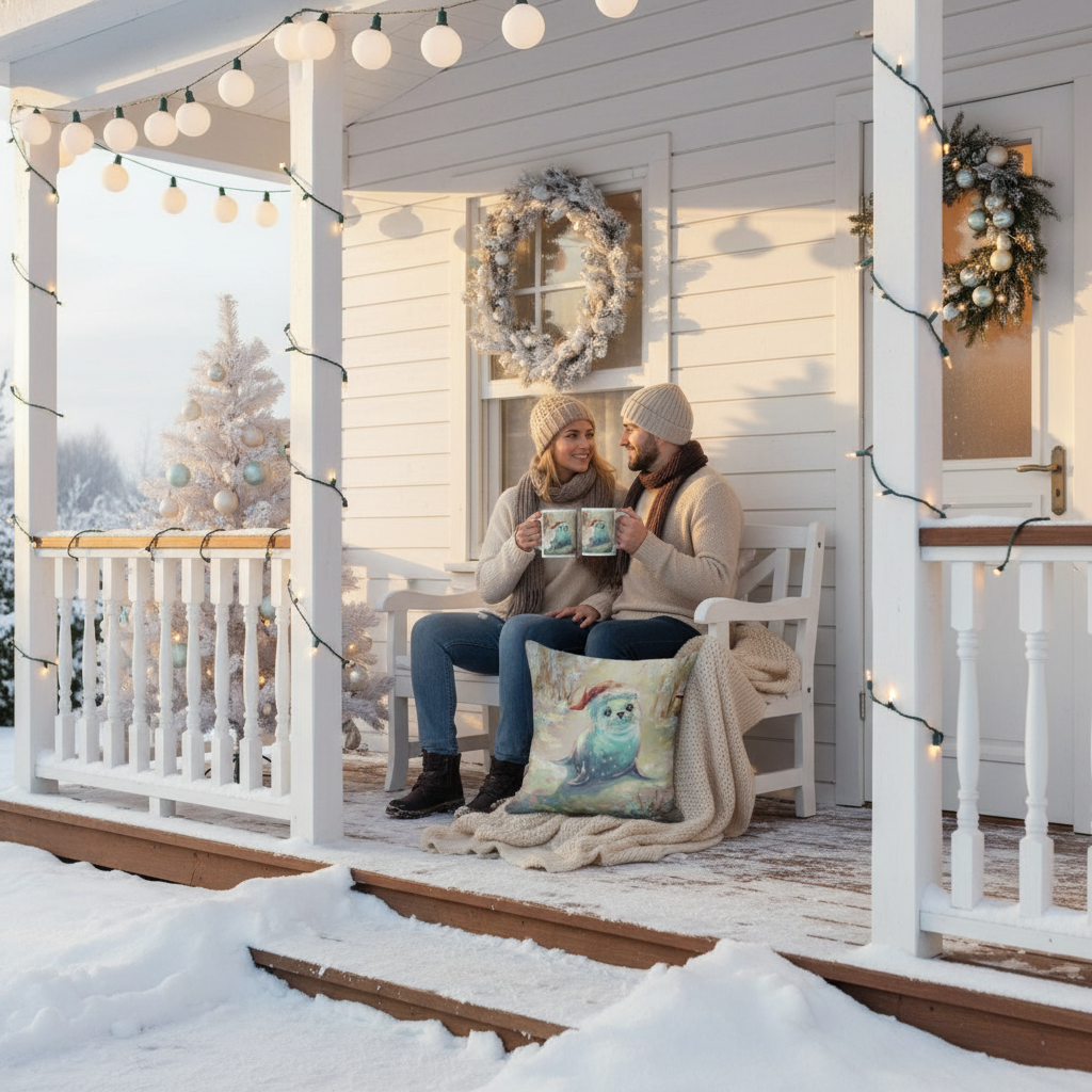 Pár na zasněžené verandě s hrnečky a polštářem