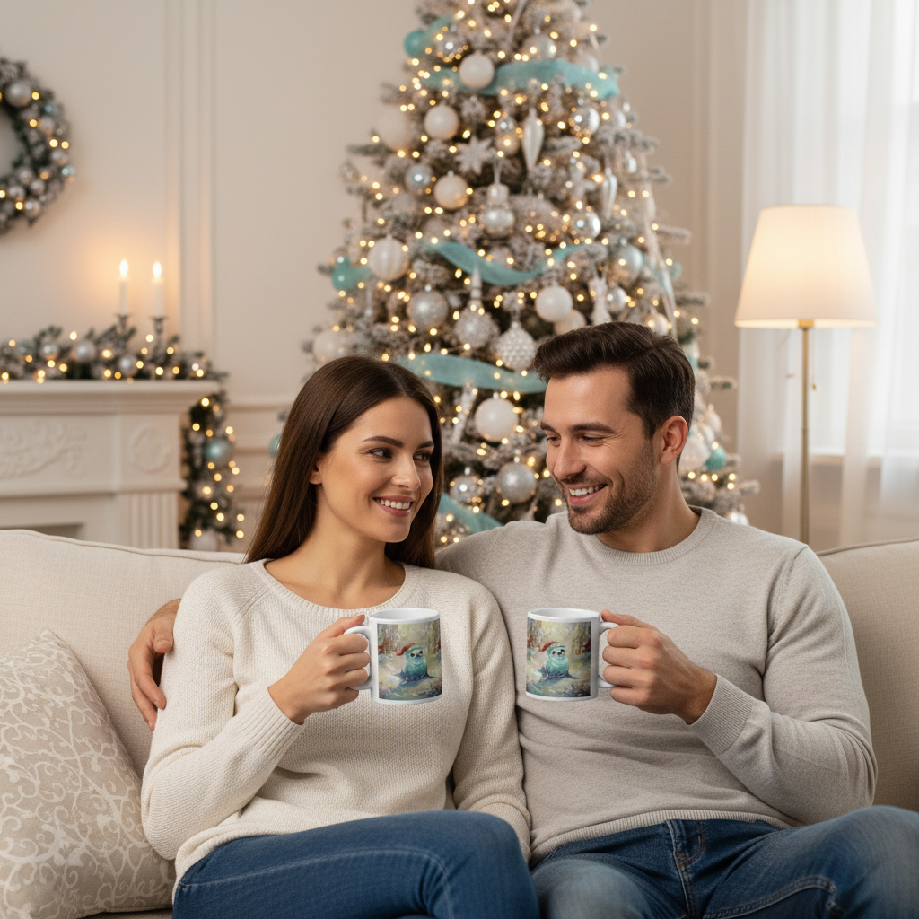 Pár s Cute Seal Mugs ve vánočně vyzdobené místnosti