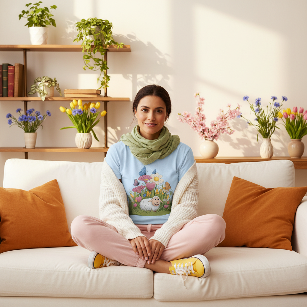 Peaceful woman in light blue tee with white cardigan, pink joggers and colorful accessories in airy spring living room with multicolor floral decor