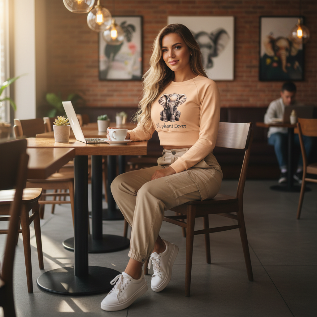 Peach beige elephant crop top beige cargo pants white sneakers cafe warm