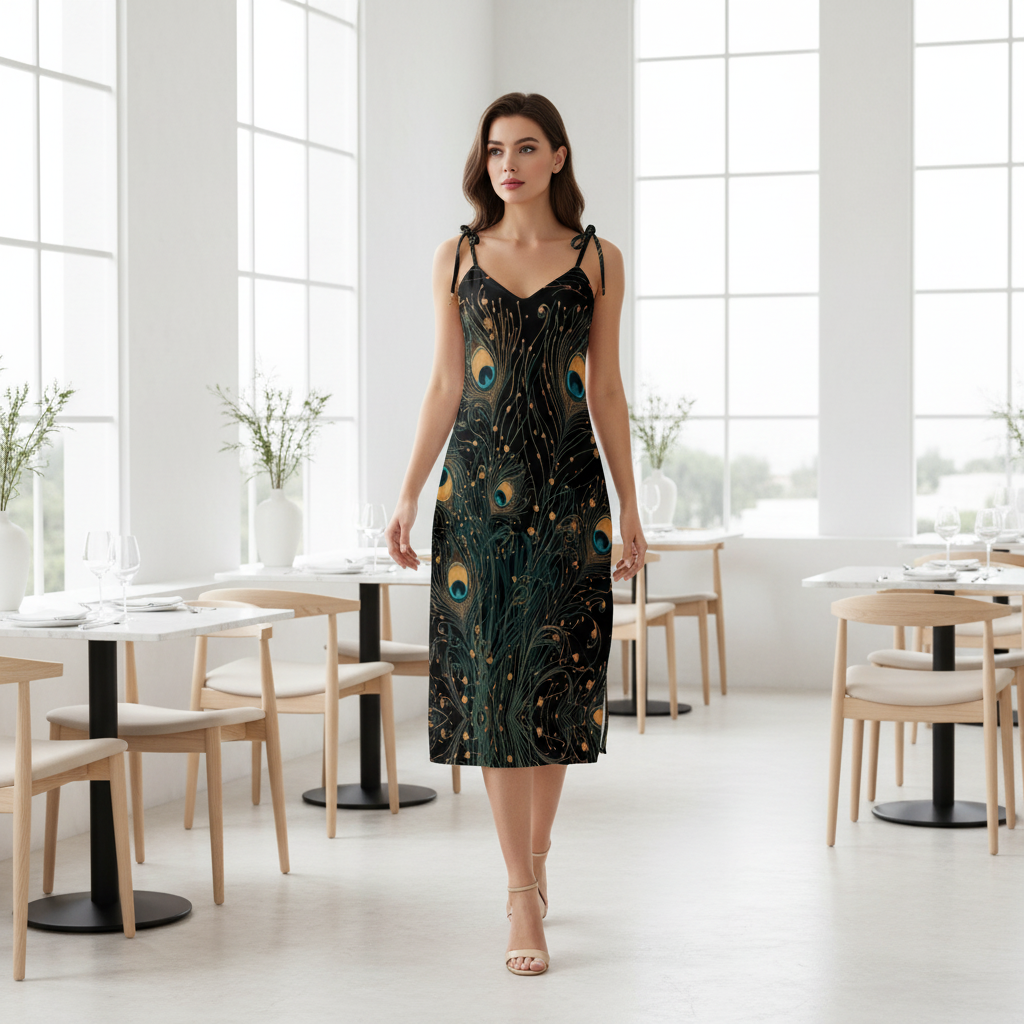 Peacock dress in bright restaurant