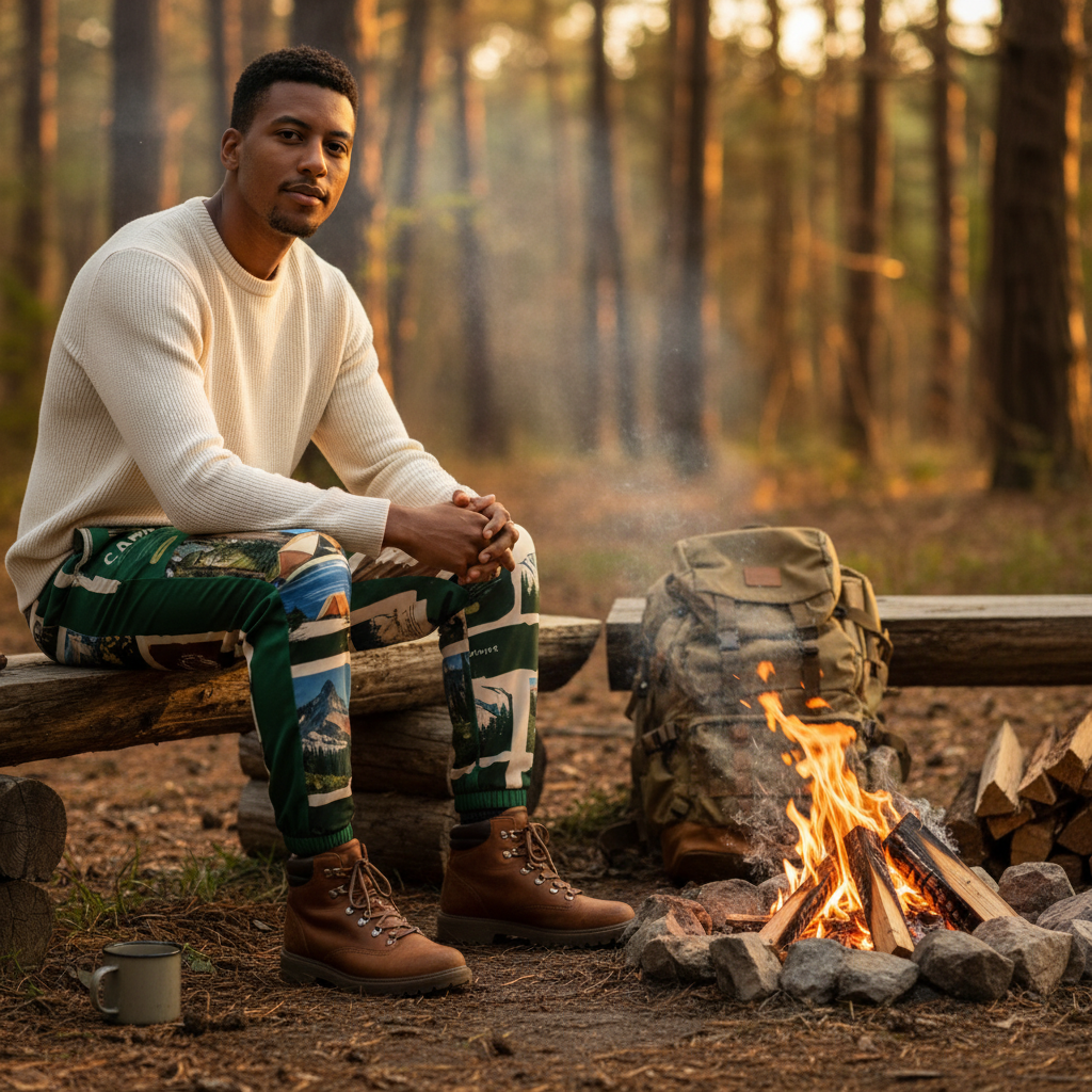 Person by campfire in camping track pants with front print visible