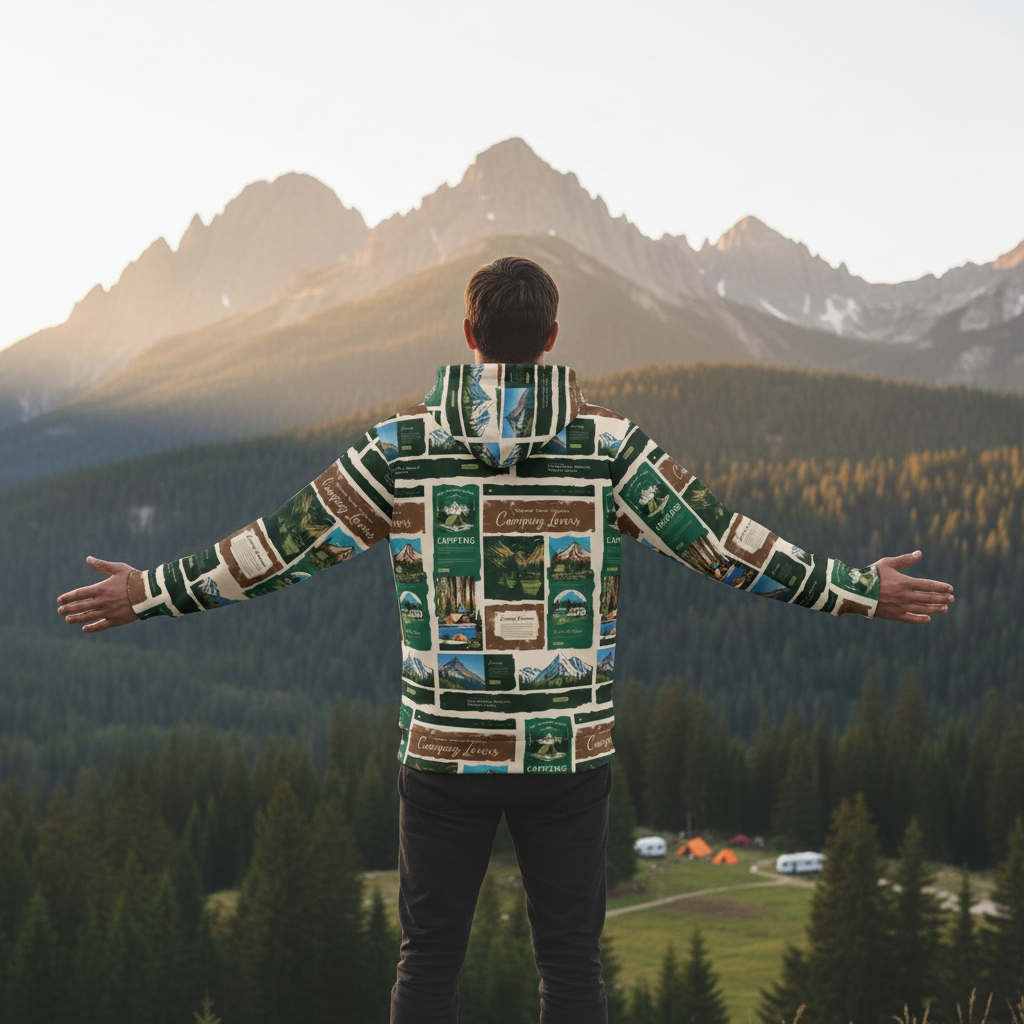 Person from behind showing full hoodie back pattern at mountain overlook