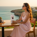 Pink summer dress black accessories elephant travel mug coastal view luxury golden hour