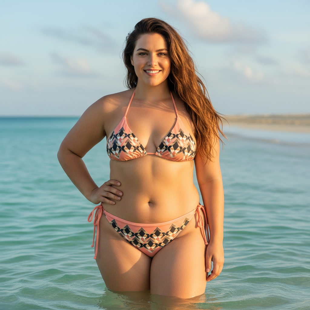 Plus-size woman in peach bikini in ocean