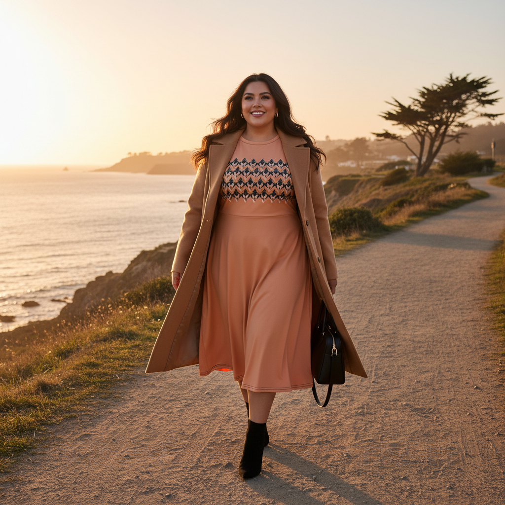 Plus-size woman in peach dress with camel coat