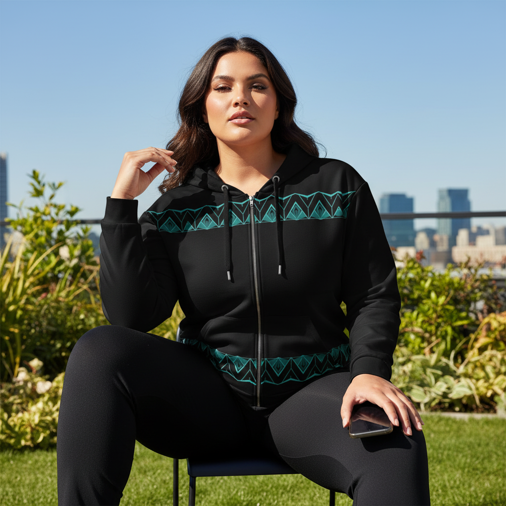 Plus-size woman sitting in emerald Art Deco hoodie