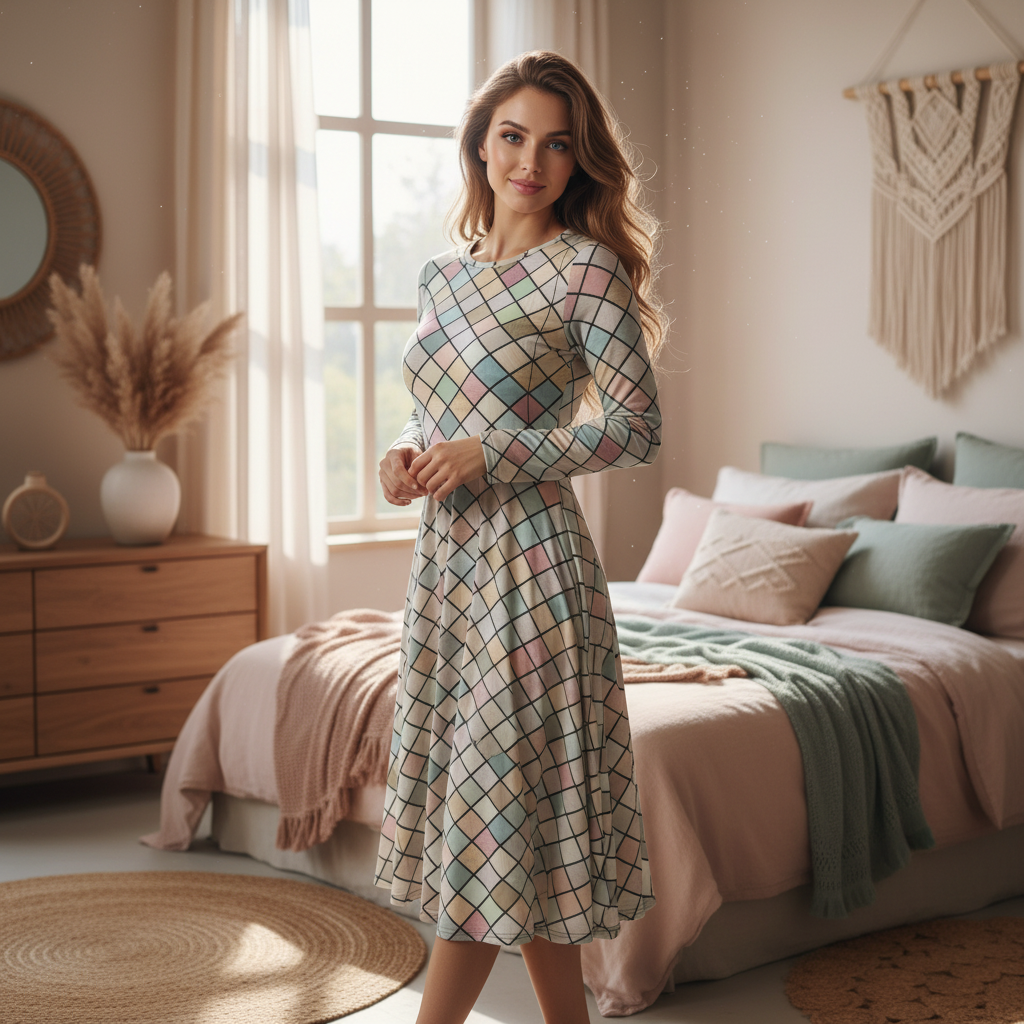 Positive woman in geometric dress near window in cozy bedroom