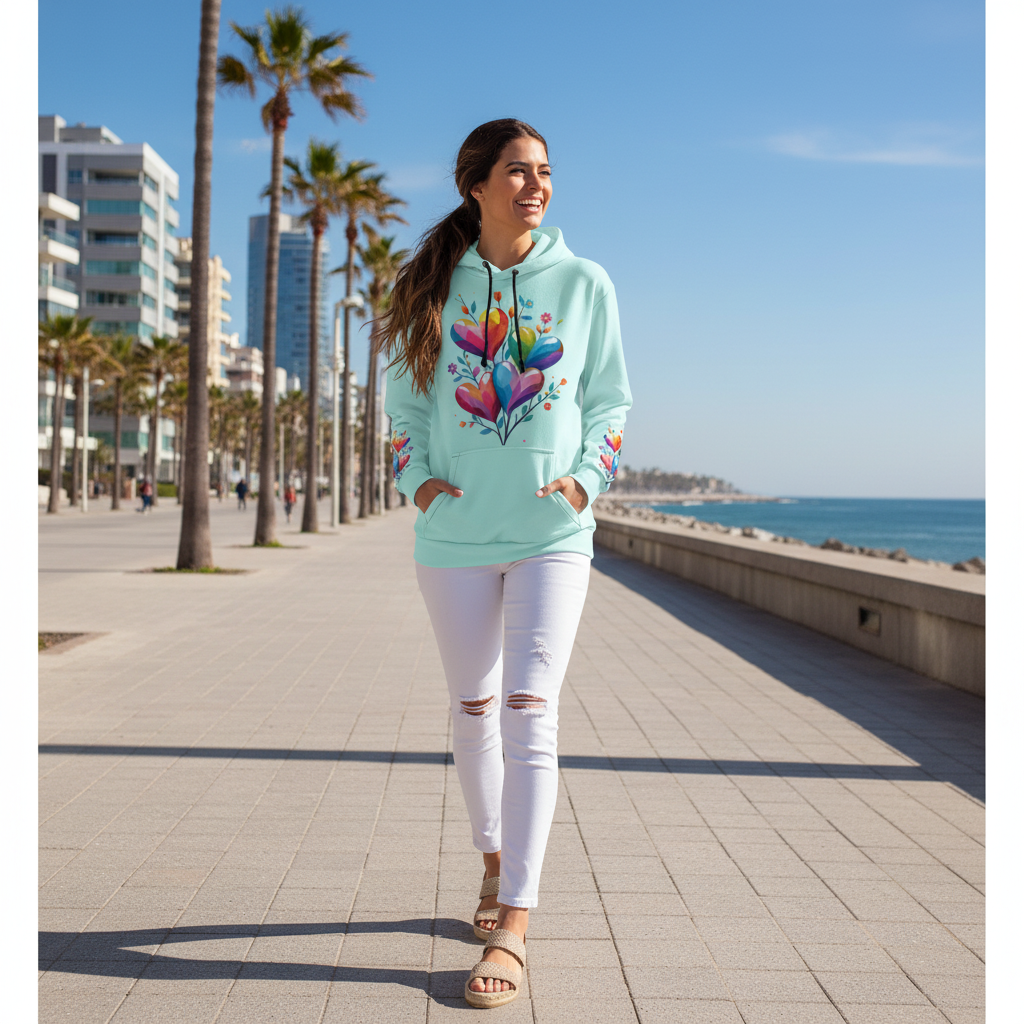 Positive woman in turquoise hearts hoodie strolling through coastal city promenade
