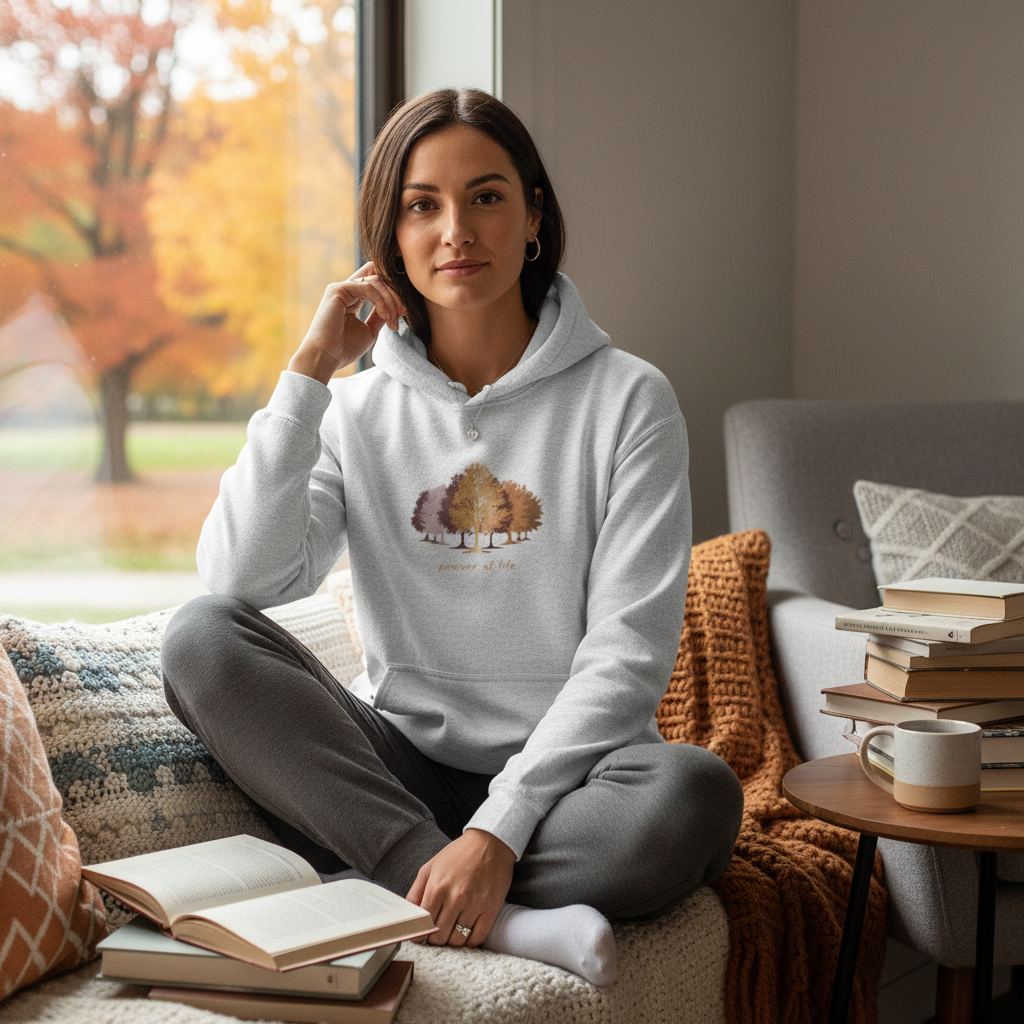 Positive woman wearing ash grey power of life hoodie with charcoal outfit in modern reading nook