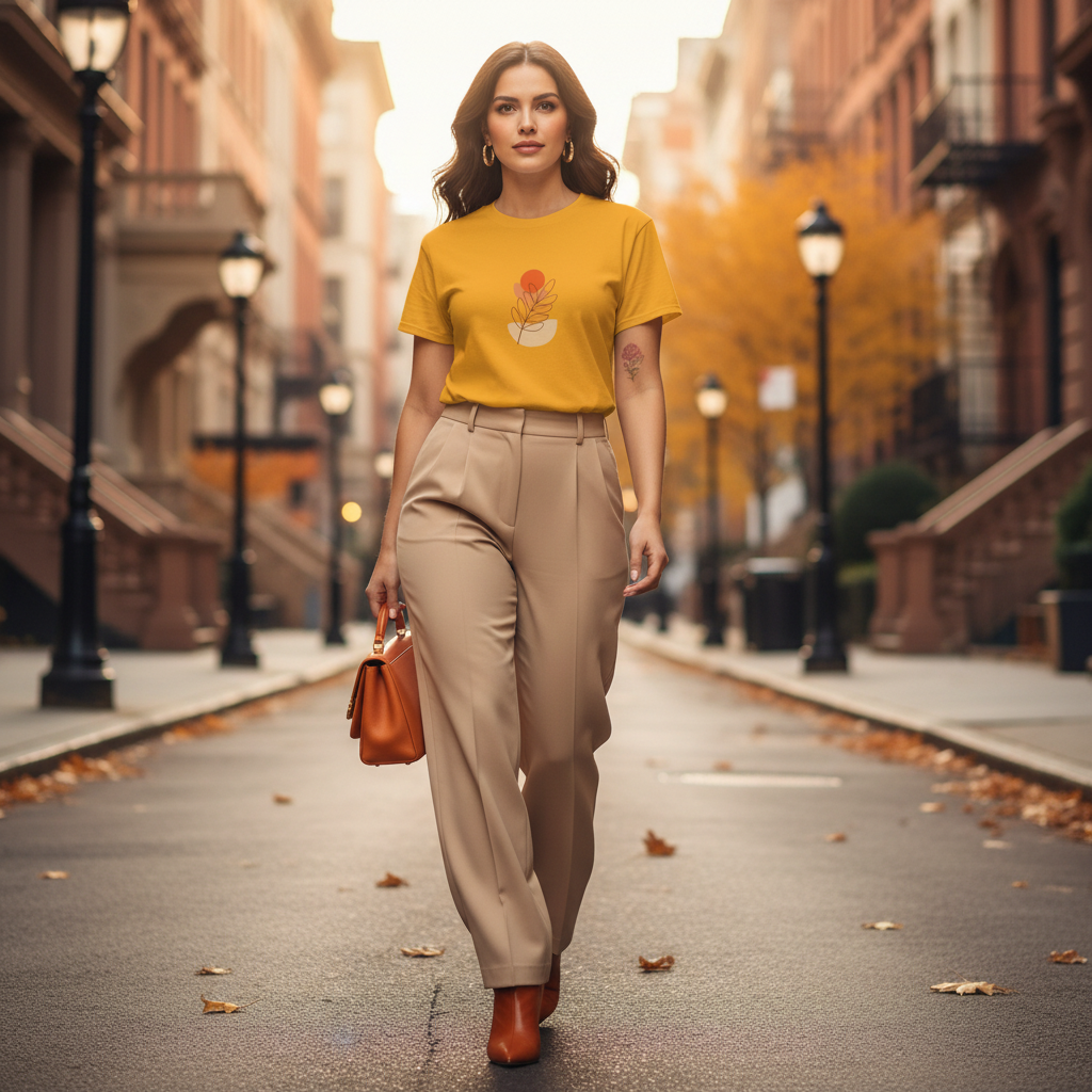 Powerful dark wavy hair woman gold yellow autumn leaf t-shirt beige wide-leg trousers orange boots orange luxury bag warm