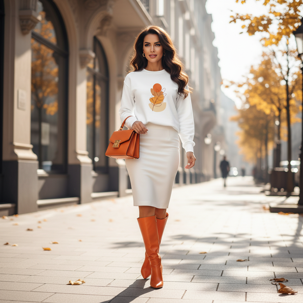 Powerful dark wavy hair woman white autumn leaf sweatshirt white pencil skirt orange boots orange luxury bag chic