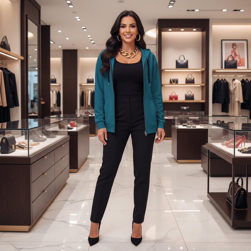 Powerful woman in open teal zip hoodie with black pants in luxury department store