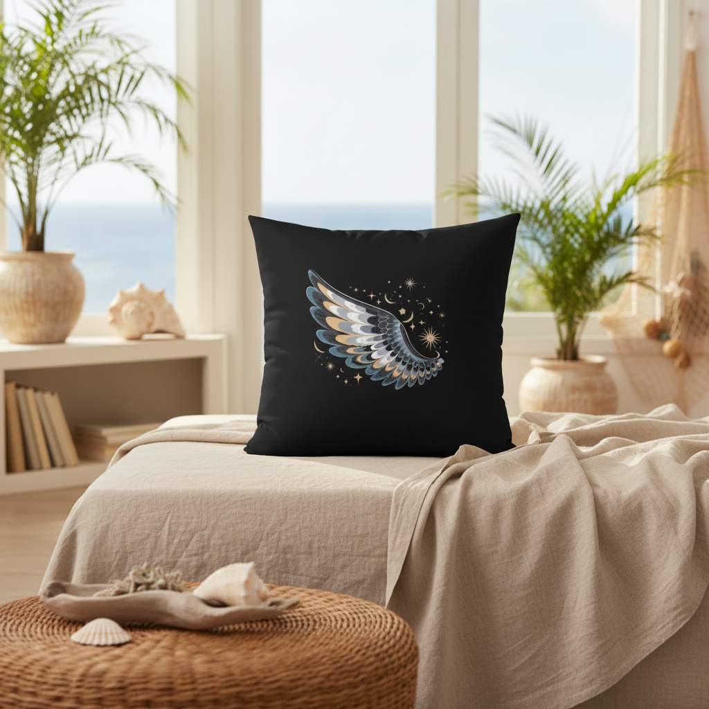 Premium black pillow with wing design in coastal sunroom